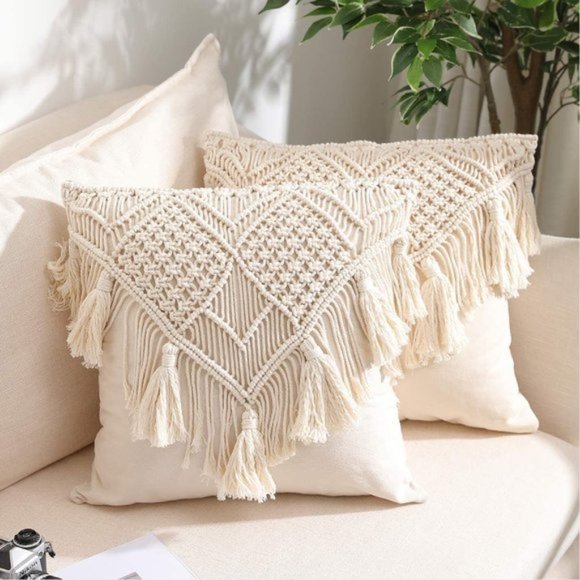 2 Pcs Cream Macrame Woven Boho Tassel Pillow Cover